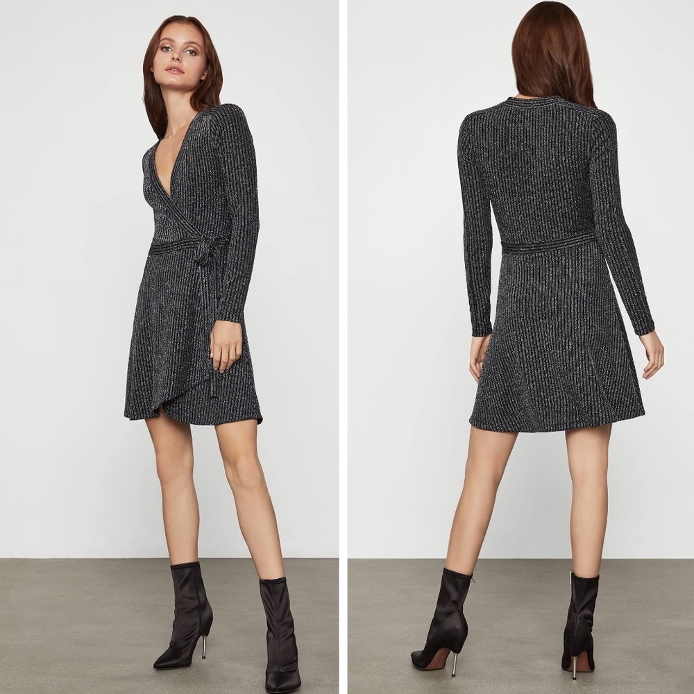 BCBGMAXAZRIA Women's Black Silver Metallic Sparkle  Long Sleeve Mini Wrap Dress